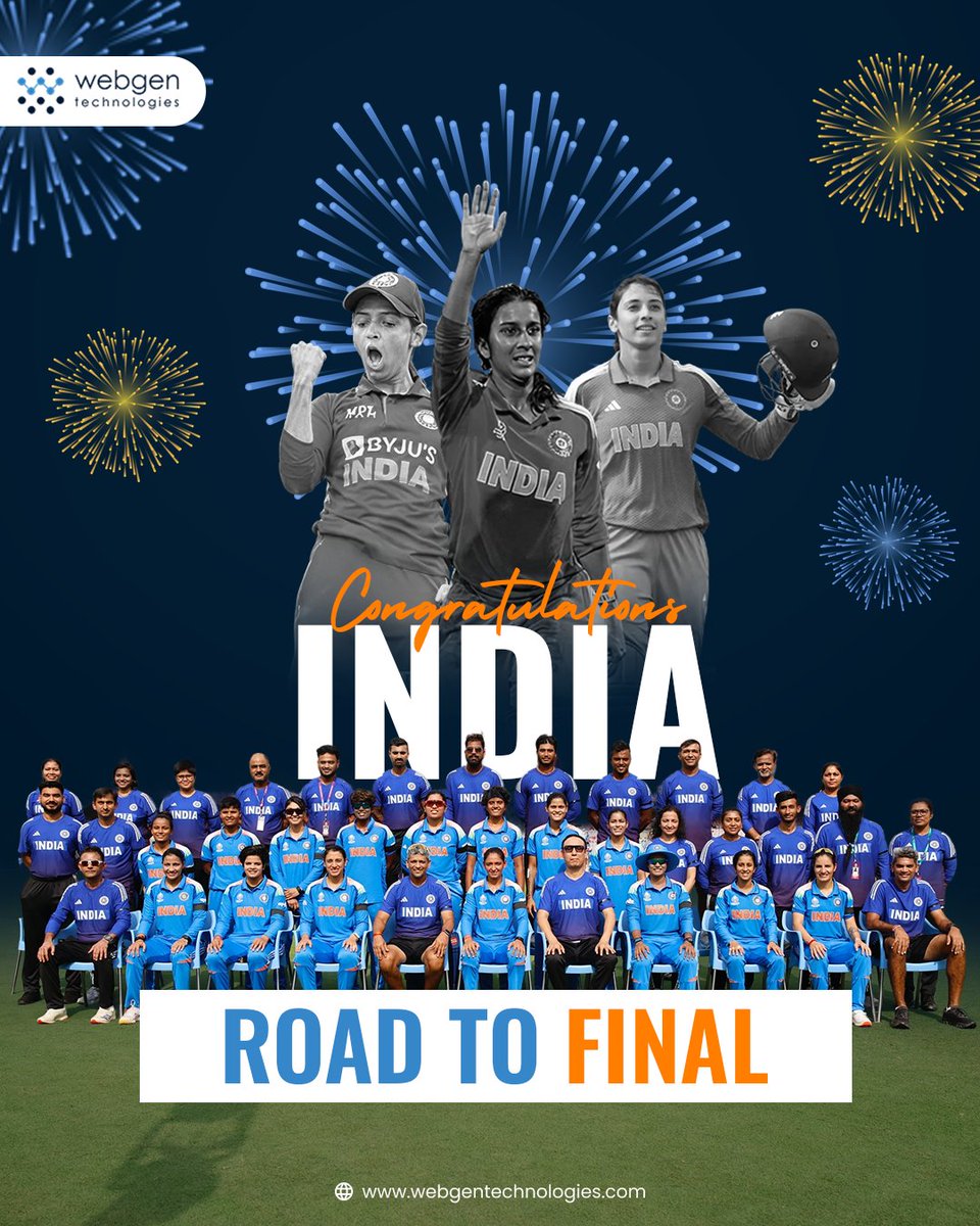 Webgentweet's tweet image. Proud moment for every Indian! 🇮🇳

Congratulations to our women in blue on securing a brilliant spot in the ICC Women’s Cricket World Cup India 2025 FINAL round. 💙🔥

WORLD CUP SOON...🏆✨

#WebgenTechnologies #WomensCricketTeam #WomensWorldCup2025 #SemiFinal #CountdownToFinals