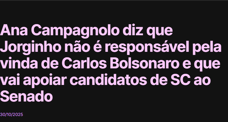 clarke_de_souza's tweet photo. - A pessoa abandona o MBL, mas parece que não abandonou definitivamente, ainda tem raízes.

- Há exatamente dois anos, a Ana Campagnolo dava uma entrevista ao Espectro Cinza e dizia que, quando ninguém dava bola, ninguém dava nada por ela, o Kim Kataguiri lhe estendia as mãos. Mas, ao mesmo tempo, ela dizia ser muito grata ao presidente Bolsonaro e ao PL por também lhe estenderem a mão.

- Ela, de fato, segue a mesma cartilha do Nikolas Ferreira, que, diga-se de passagem, lançaram livros juntos. Mas voltando à Ana Campagnolo, ontem, em uma visita oficial a São Bento do Sul, ela afirmou e contribuiu com a narrativa da maioria dos consórcios da imprensa ao dizer que não apoiará o Carlos Bolsonaro para o Senado, pois quer candidatos 100% catarinenses. E que isso seria uma medida de aflição do presidente Jair Bolsonaro o que deu a entender, para salvar a família e o filho. 

- Às vezes é difícil de entender, mas isso não me causa espanto algum. Sabemos que, quando o presidente Jair Bolsonaro foi silenciado de forma cruel e bruta, muitos iriam falar em seu nome e outros iriam surfar na onda.

- Mas eu digo uma coisa: apoiem o Carlos Bolsonaro. Porque, diferente do que muitos dizem, ou melhor, afirmam nas narrativas da grande mídia, precisamos de um Senado Federal  forte, independente de o candidato ser do Oiapoque ou do Chuí.

Que canelada, Ana Campagnolo.