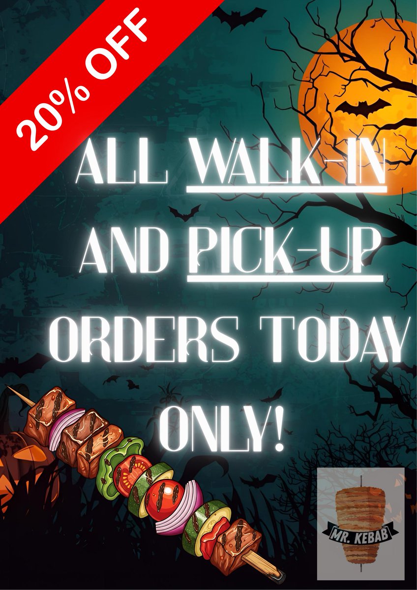 mrkebabmargate's tweet image. 🎃 Halloween isn’t just for the kids… we want treats too! 😜

Get 20% OFF all walk-in &amp;amp; pick-up orders — today only! 🍢🔥

No tricks… but online orders aren’t included 👀

📍 Mr Kebab Margate – 110 Northdown Rd, Cliftonville

#MrKebabMargate #HalloweenDeals #SpookySavings 🍽️👻