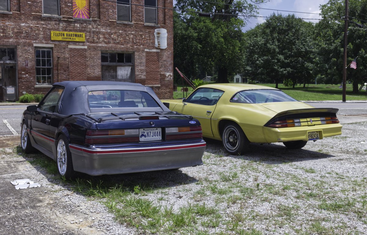 StirlingCorgi's tweet image. A couple of lovely muscle cars from around Leighton, Alabama back from June 2025. #Alabama #Leighton #foxbody #mustang #camaro #musclecar