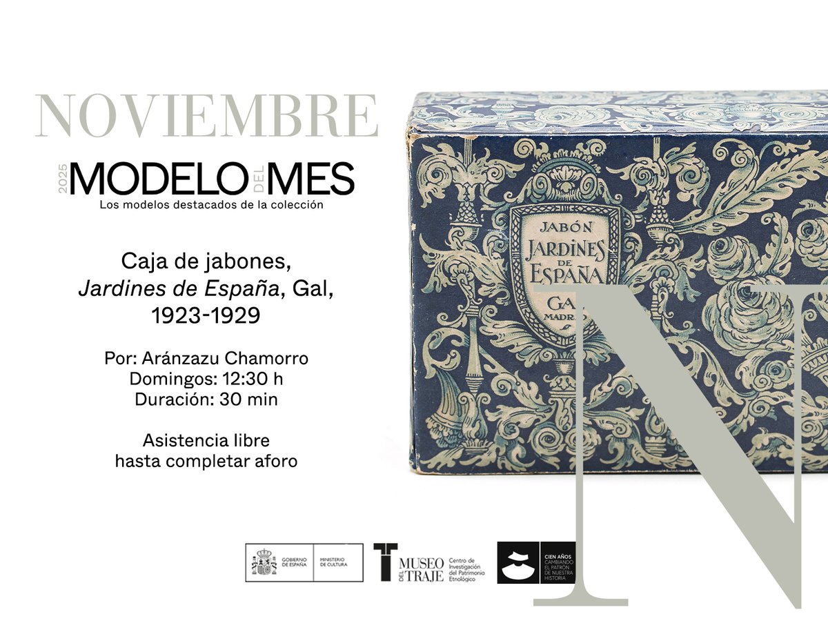 MuseodelTraje's tweet photo. 🛁¡Este domingo estrenamos #ModelodelMes! Os esperamos en estas las charlas para descubrir la época del gran desarrollo de la industria perfumera en España, a través de esta caja de jabones.
Domingos: 2, 16, 19 y 30 | 12:30 h
✨Asistencia libre y gratuita hasta completar aforo https://t.co/e6iM3ycSDN