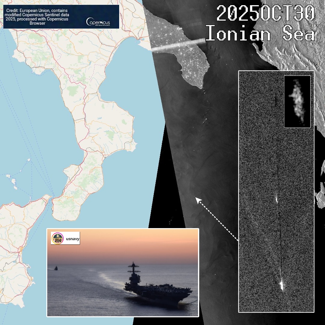 tom_bike's tweet image. USS FORD 🇺🇸 spotted YESTERDAY in the Ionian Sea at

38.2711,18.2334

sailing with a destroyer as her escort likely USS MAHAN 🇺🇸 or USS BAINBRIDGE 🇺🇸.

ONE WEEK at 30 knots to Venezuela 🇻🇪.

Other CSG 12 vessels were dispersed ahead en route to the Caribbean.