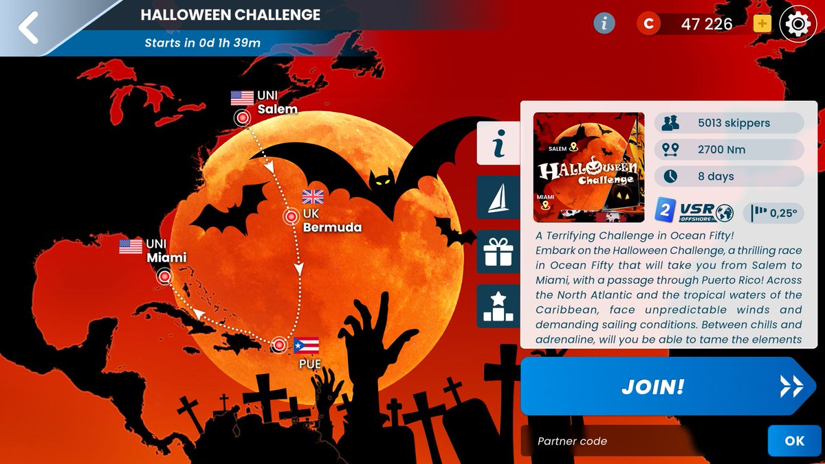 VirtualRegatta's tweet image. 🎃 Halloween sur Virtual Regatta !

⚡ #VRInshore : défi F50 déjà en cours 🧙‍♀️
🌊 #VROffshore : départ à 17h de Salem à Miami en Ocean Fifty... si vous l’osez.

🦇 Bonne chance, skippers !

#VirtualRegatta #HalloweenChallenge