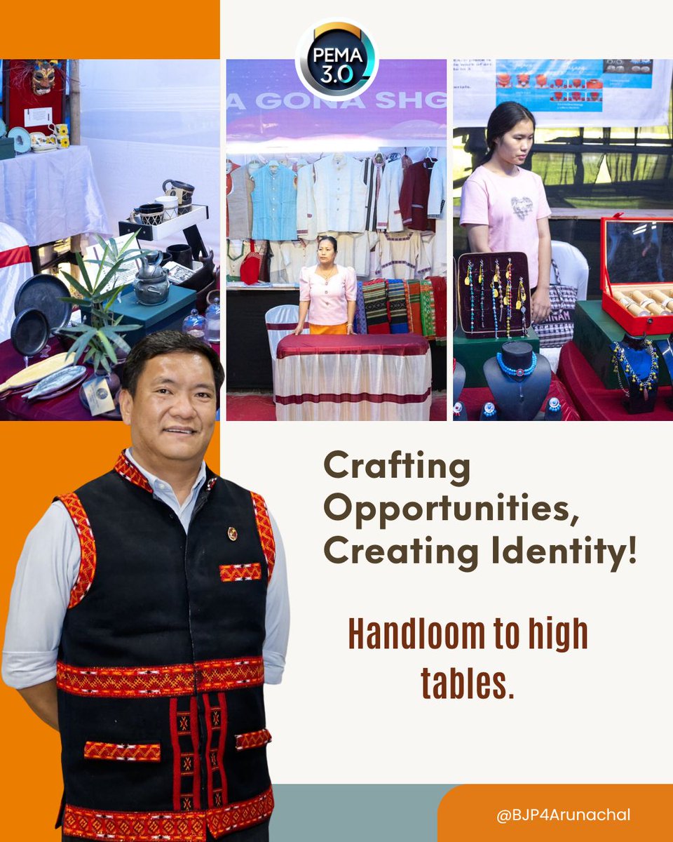 BJP4Arunachal's tweet image. Handicrafts and handloom artisans under Pema 3.0 found new buyers and recognition, reaffirming Arunachal’s strength in sustainable, community-led enterprise.

#Pema3.0 #HandloomHaat #CraftsOfArunachal #ViksitArunachal 

@BJP4India @PemaKhanduBJP @ChownaMeinBJP @TheAshokSinghal