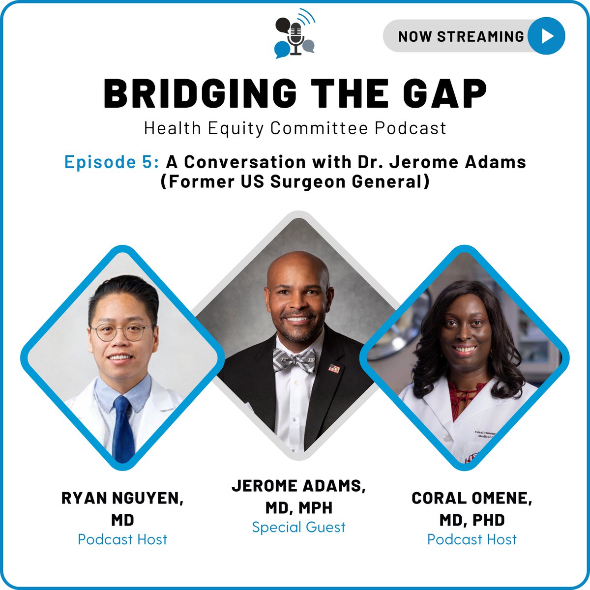 Former U.S. Surgeon General <a href="/JeromeAdamsMD/">Jerome Adams</a> joins hosts <a href="/Omene_CO/">Coral Omene, MD, PhD</a> (<a href="/RutgersCancer/">Rutgers Cancer Institute</a>) and <a href="/RyanNguyenDO/">Ryan Nguyen</a> (<a href="/UICancerCenter/">University of Illinois Cancer Center</a>) on the Big Ten CRC Health Equity Podcast. 

Hear his insights on advancing health equity across the nation. 

🎧 Listen now: bigtencrc.org/clinical-resea…