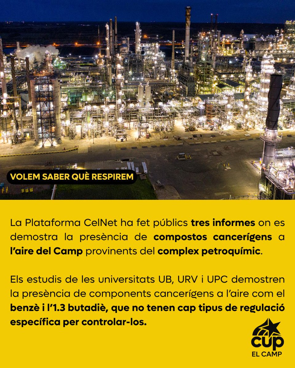 ‼️VOLEM SABER QUÈ RESPIREM

<a href="/CelNet_Francoli/">Plataforma Cel Net</a> ha publicat tres estudis de la URV, UB i UPC demostrant la presència de compostos cancerígens a l'aire del Camp. 

La @cuptarragona va aconseguir licitar un estudi de qualitat de l'aire a la ciutat i que el PSC ha aturat més de 2 anys!