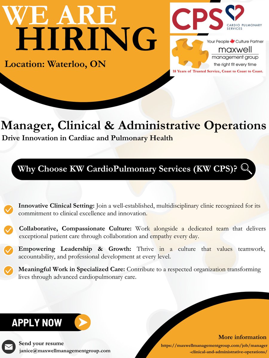 Drive innovation. Lead with compassion. Transform care. 💛

KW CardioPulmonary Services is hiring a Manager, Clinical &amp; Administrative Operations in Kitchener-Waterloo, ON.

Apply: maxwellmanagementgroup.com/job/manager-cl…

#KitchenerWaterloo #MaxwellManagementGroup

<a href="/CityKitchener/">City of Kitchener</a> <a href="/citywaterloo/">City of Waterloo</a>