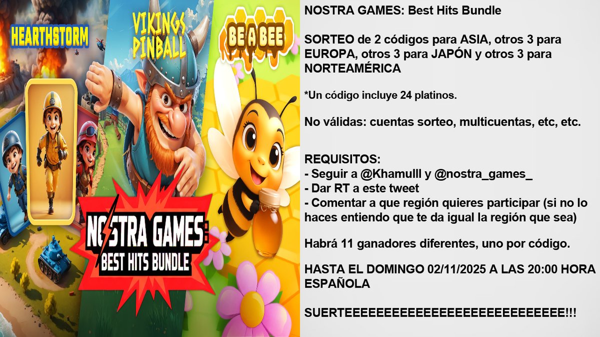 Khamulll's tweet photo. Nuevo sorteo de 11 códigos de "NOSTRA GAMES: Best Hits Bundle" para PlayStation (2 x AS, 3 x EU, 3 x JP y 3 x NA)
Requisitos:
- Seguir a @Khamulll y a @nostra_games_
- RT este tuit 🔃
- Comenta a que región participas
Hasta el 2/11/25 20:00 ⏰
*más información en la imagen! 🤞🏻 https://t.co/ZNtpTAgnfb