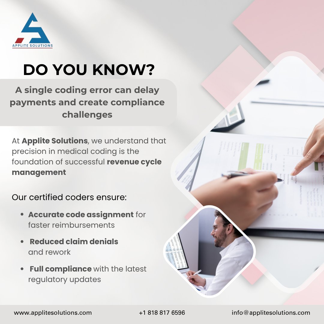 Applite_LLC's tweet image. A single coding error can hold back your payments!
At Applite Solutions, our certified coders ensure accuracy, reduce denials & keep you compliant.
Boost your RCM performance today!
applitesolutions.com
#MedicalCoding #RCM #HealthcareBilling