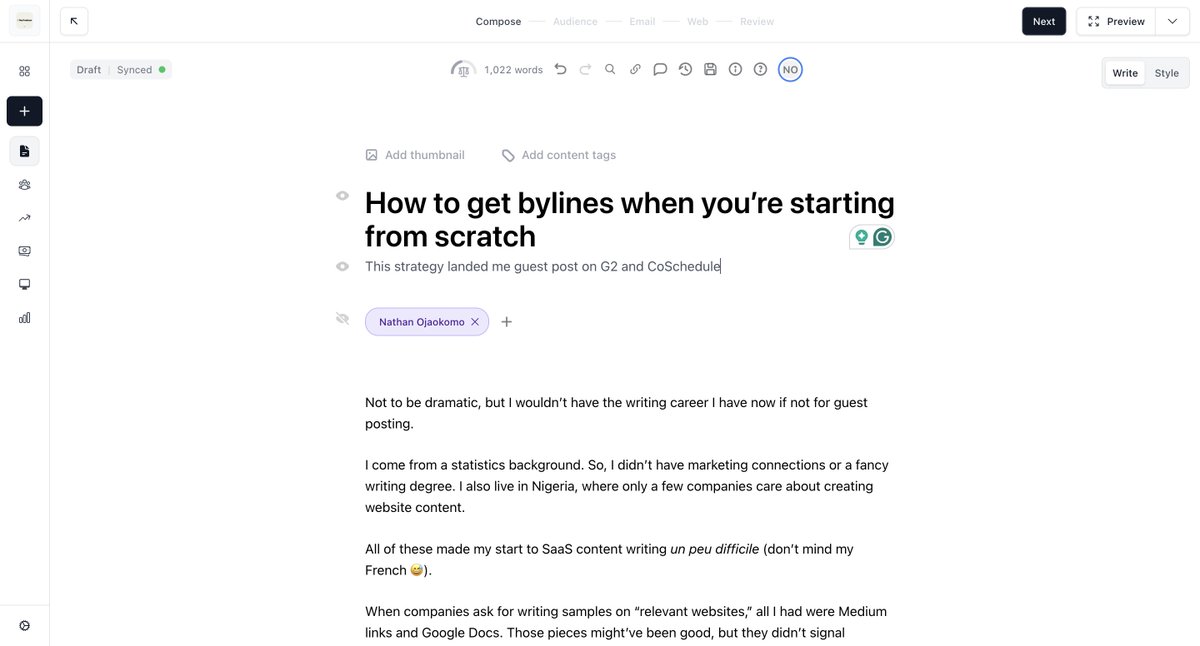 Adding some finishing touches to my latest newsletter, which goes out in about two hours.

I’ll be sharing the guest posting strategy that landed me bylines on G2 and CoSchedule + 4 other sites I know that accept guest posts.

Here’s the link: heyfreelancer.beehiiv.com
