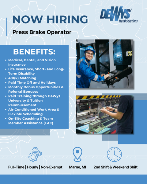TeamEGNow's tweet photo. We’re hiring a Press Brake Operator in Marne, MI! If you have experience with Amada and Bystronic press brakes, mechanical skills, and can read blueprints, apply now. 
 
Apply today to grow with us at @dewysmfg 
🔗 https://t.co/scdYbGGhx9 https://t.co/sDyGxV3Vvr