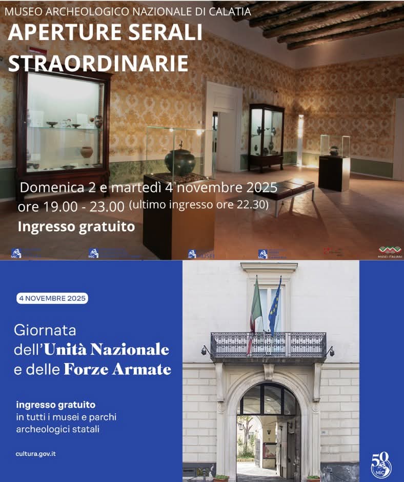 📅 Domenica 2 e martedì 4/11, ore 19-23, aperture straordinarie al <a href="/MuseoCalatia/">Museo Calatia</a>. Visite guidate gratuite alle collezioni con focus sulle necropoli. Martedì 4 apertura straordinaria, chiusura settimanale posticipata a mercoledì 5. 
Vi aspettiamo!!