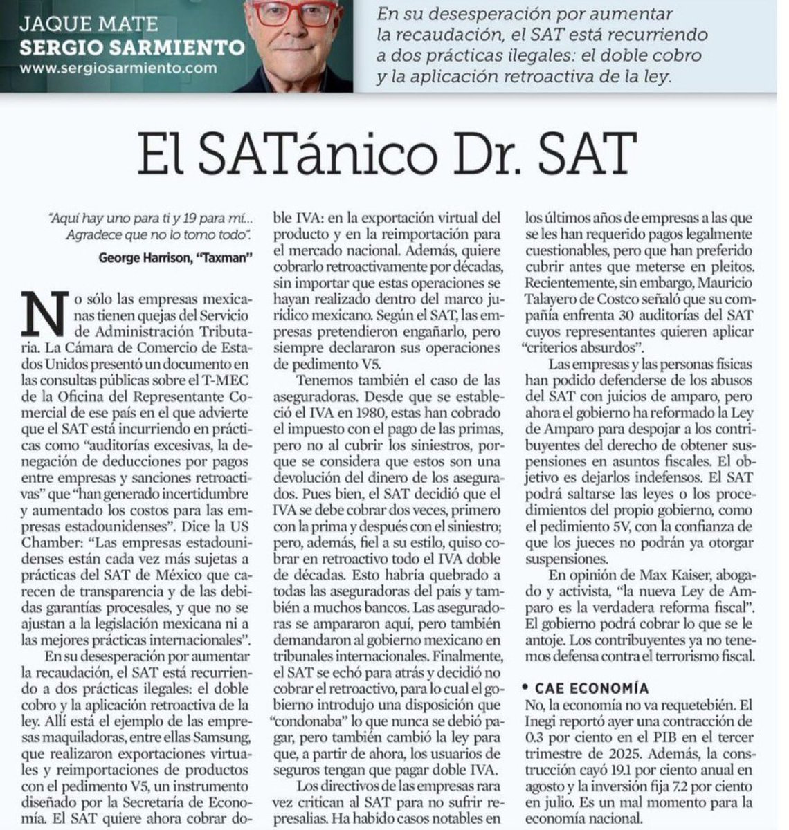 JJDiazMachuca's tweet image. El sicario de Claudia Sheinbaum que se dedica a arruinar a quienes buscan trabajar o invertir.

El SATánico Dr. SAT

En su desesperación por aumentar la recaudación, el SAT está recurriendo a dos prácticas ilegales: el doble cobro y la aplicación retroactiva de la ley.…