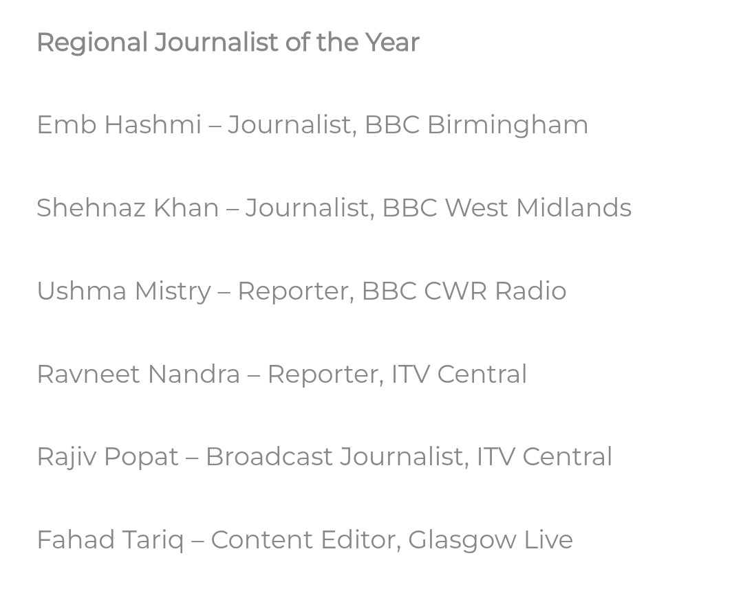 I'm nominated for Regional Journalist of the Year at the <a href="/asianmediaaward/">Asian Media Awards</a> alongside my brilliant colleague Rajiv Popat and fellow journalists from across the Midlands. Good luck all! ✨ <a href="/ITVCentral/">ITV News Central</a>
