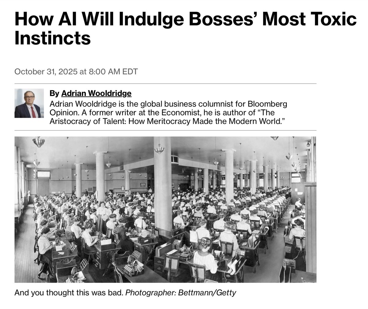 <a href="/adwooldridge/">Adrian Wooldridge</a> has a sharp column in <a href="/opinion/">Bloomberg Opinion</a>  on how companies are deploying AI. His core question: Will we use AI to increase the power of managers or liberate front-line workers? Adrian suspects most companies will go for the former -- and that's a bad thing.

Based on some
