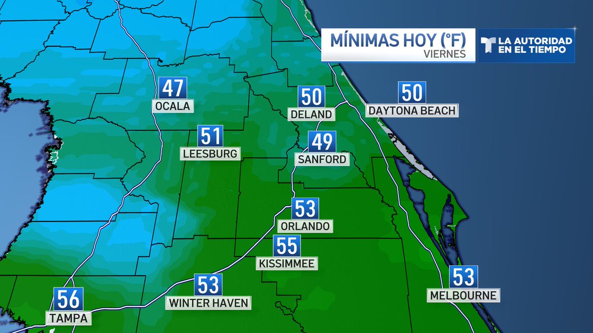 Estas fueron las temperaturas mínimas esta mañana en el centro de Florida: 53F en Orlando, 55F en Kissimmee, mientras en Ocala la temperatura más baja fue de 47F.