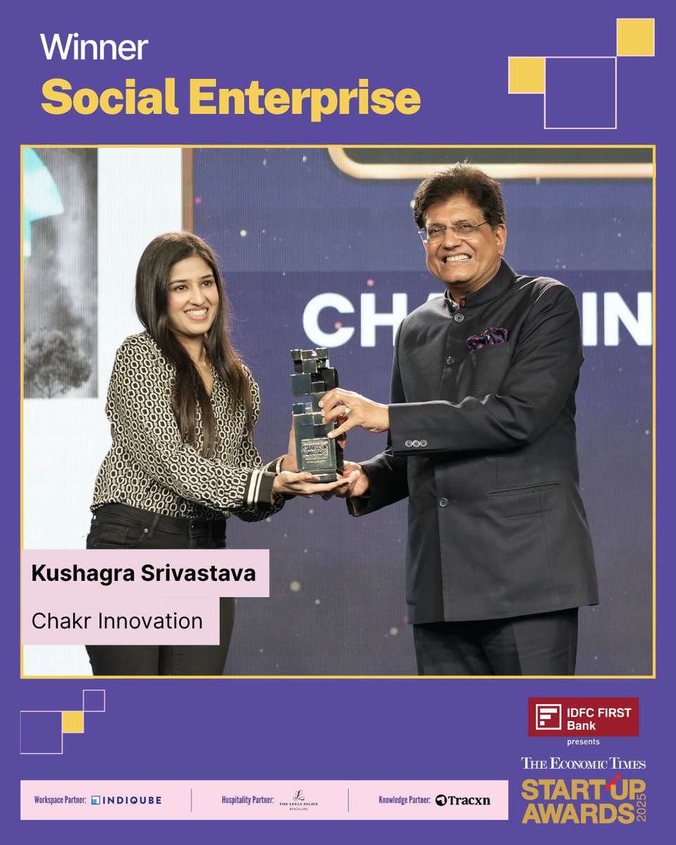 ETFrontRow's tweet image. Congratulations to @ChakrInnovation and @Kushagra_Sriv on winning the award for &apos;Social Enterprise&apos; at the #ETStartupAwards.

By tackling air pollution through science-led innovation and commercial sustainability, they are proof that climate responsibility and business success…