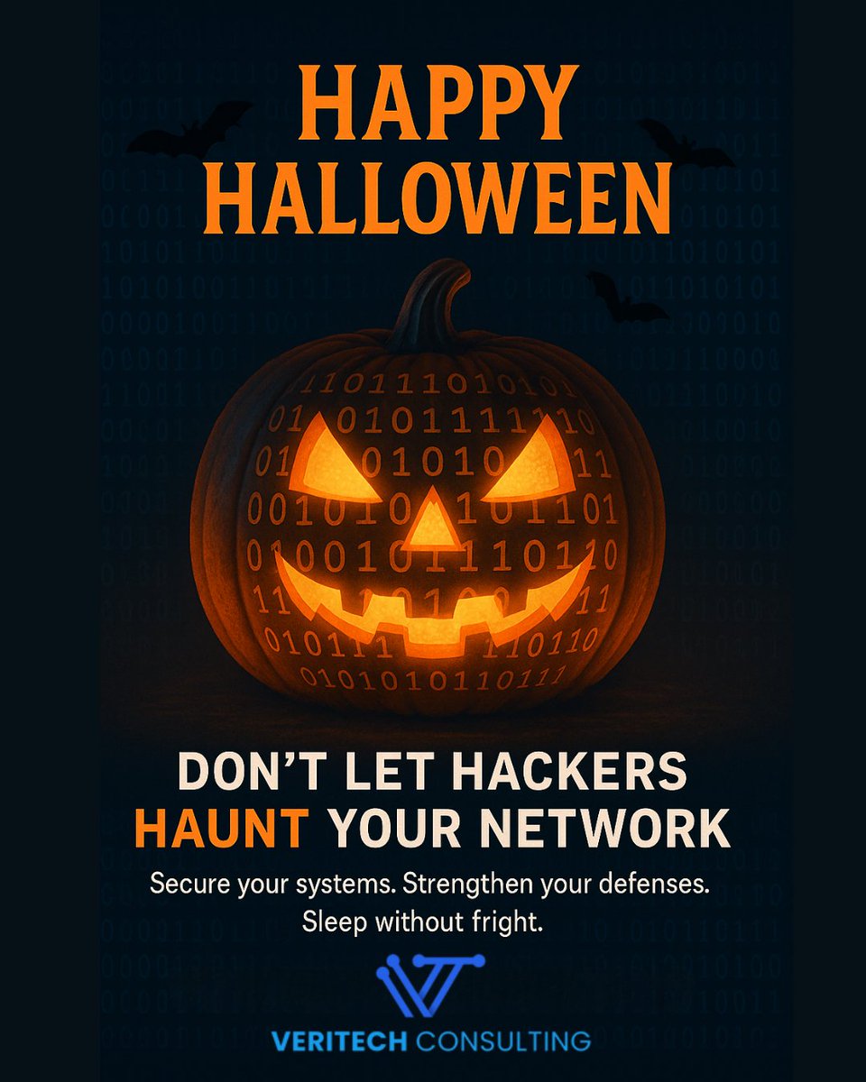 VeriTechConsult's tweet photo. 👻 Don’t let hackers haunt your network this Halloween!
At Veritech Consulting, we help businesses stay protected from digital tricks—so you can enjoy the treats. 🍬
🛡️ Secure your systems. Strengthen your defenses. Sleep without fright.

#CyberSecurity #Halloween https://t.co/yRf448NXjN