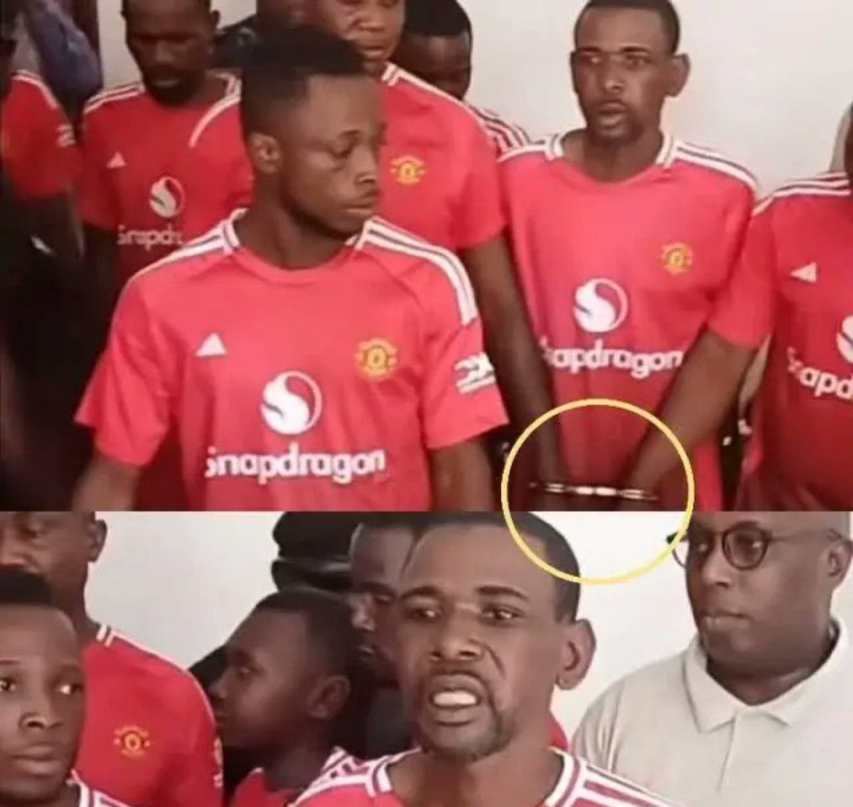 FootyHumour's tweet photo. A police station in Congo uses Man United shirts as a prisoner's uniform 😭😭😭 https://t.co/4FDp3Oq4ls