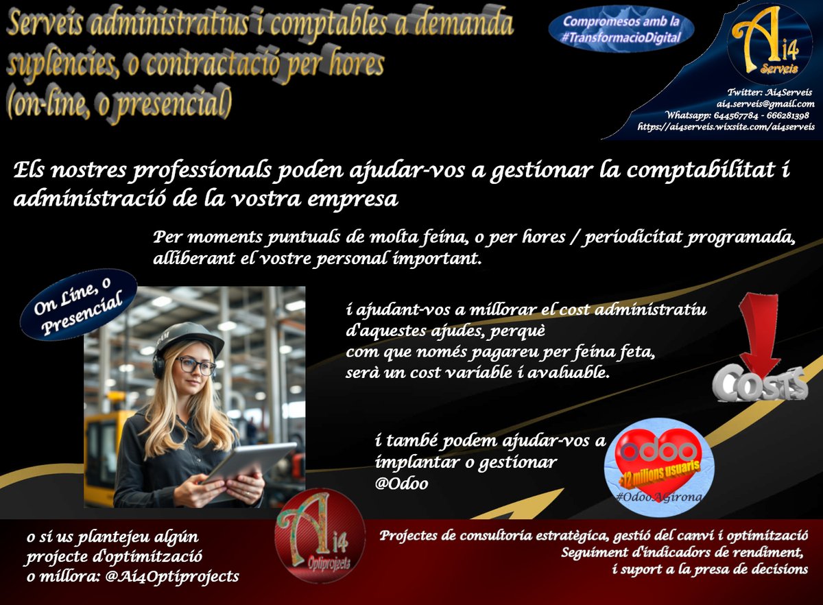 Ai4Serveis's tweet image. Sovint contractar per preu (barat), acaba sortint car.
A #SolucionsAi4 podem ajudar-vos a tenir una gestió administrativa eficient amb costos raonables especialment perquè som proactius i generadors de valor. #FeinesAdministrativesADemanda
#Optimitzacio #OperadorsOdoo