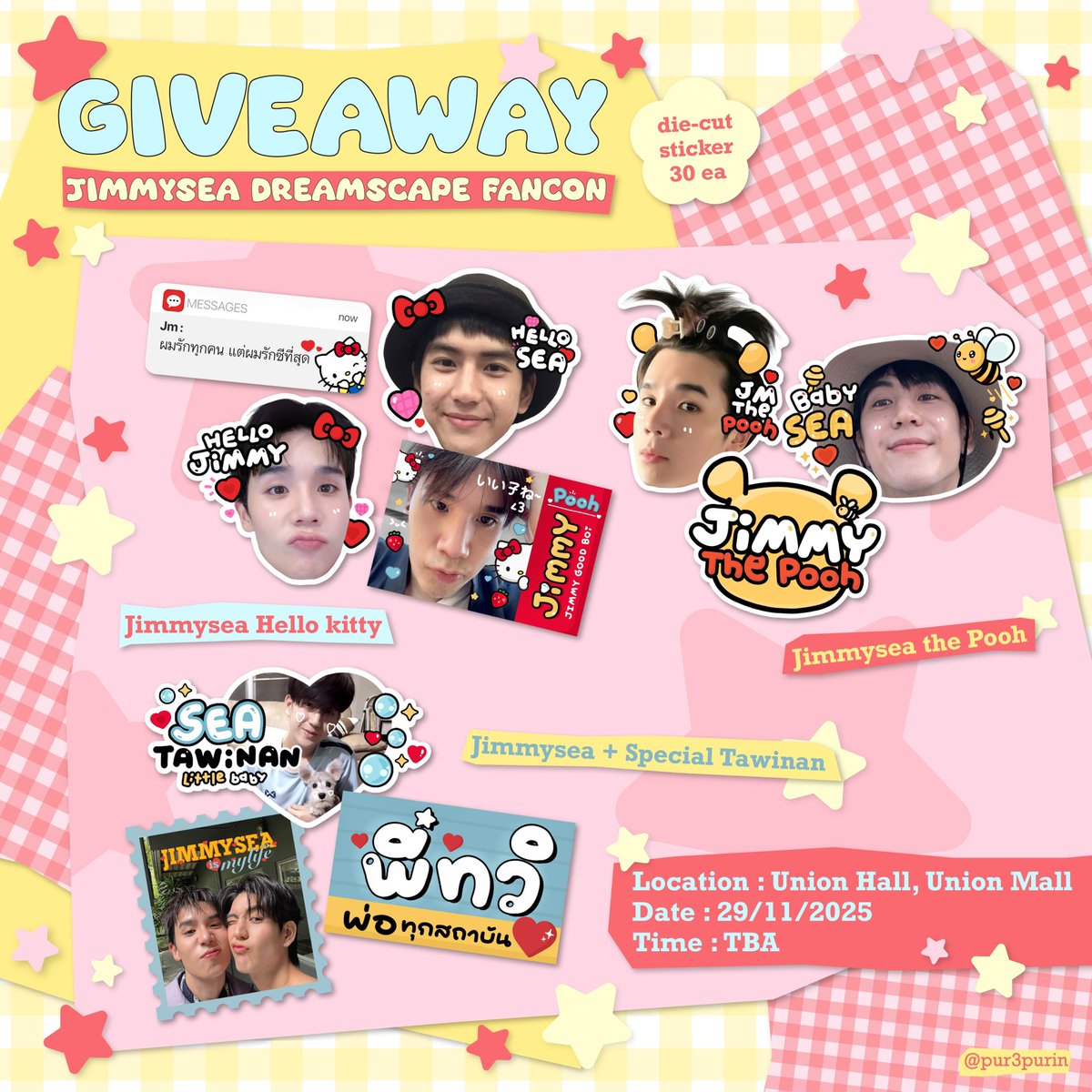 ʕっ•ᴥ•ʔっpls rt╭♥️ 

☆ Jimmysea the Pooh 30 ea
☆ Jimmysea Hello kitty 30 ea
☆ Jimmysea + Special Tawinan 30 ea

🏠 : Union Hall, Union Mall
📆 : 29 / 11 / 2025
⏰ : TBA ೀ

—- for exchange 15 set only pls dm !

rt  &amp; show this tweet 🥺⤾

 #JimmySeaFancon