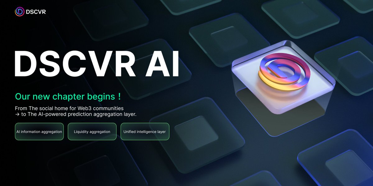 DSCVR1's tweet image. After 6 months of building, we're finally ready. 🚀
DSCVR AI — our new chapter begins.
From The social home for Web3 communities → to The AI-powered prediction aggregation layer.
We’re bringing together:
🧠 AI information aggregation — understanding global prediction data.
💧…