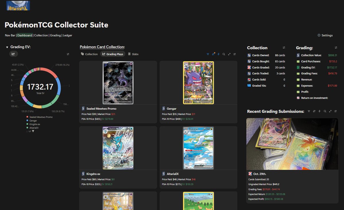 CraftedWorkflow's tweet image. Got a little carried away with a side project last night😅

I was sorting through my Pokemon cards for grading &amp;amp; before I knew it I had thrown together a full dashboard in Notion to keep track of it all. 

Now I can:
✅ Track Grading Submissions &amp;amp; Costs
✅ See Collection Value at…