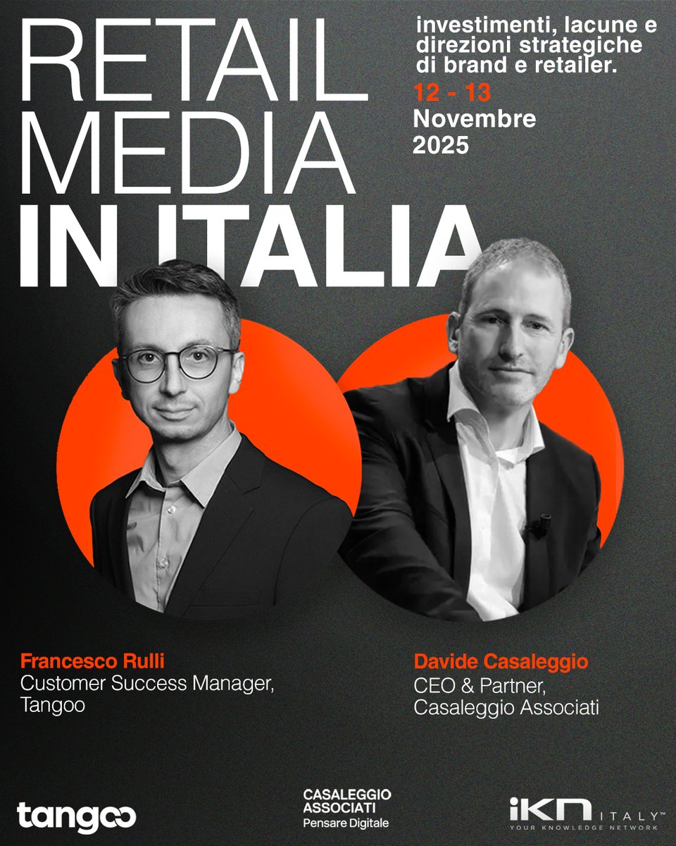 On November 12 at 12:00, our Customer Success Manager Francesco Rulli, together with Davide Casaleggio - CEO &amp; Partner at Casaleggio Associati, will present the research:
“Retail Media in Italia: investimenti, lacune e direzioni strategiche di brand e retailer”