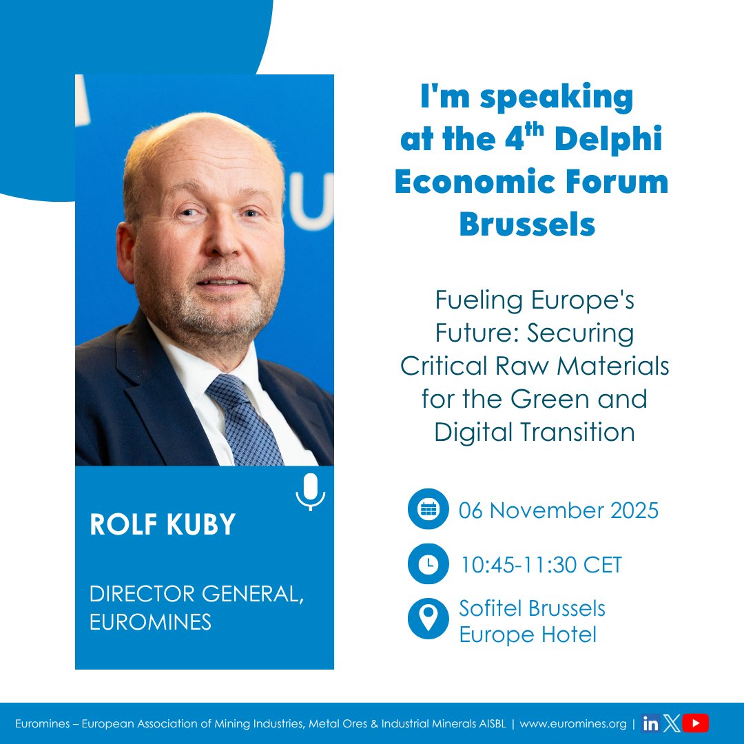 Our Director General, <a href="/RolfKuby/">Rolf Kuby</a>, will speak at the Delphi Economic Forum Brussels on 6 November 2025.

10:45 CET - Panel: “Fueling Europe's Future: Securing Critical Raw Materials for the Green and Digital Transition”.

➡️ More information: brussels.delphiforum.gr

#Euromines
