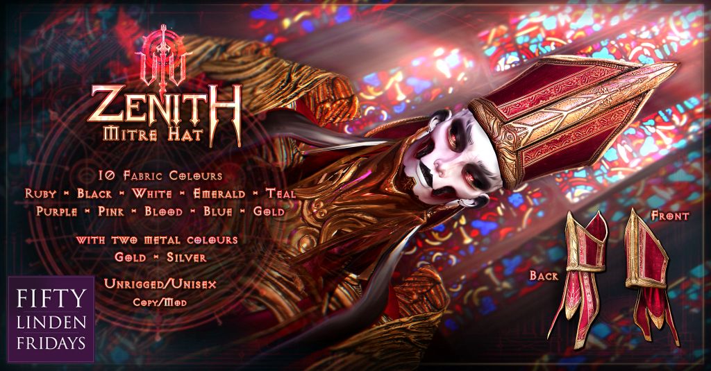 /Vae Victis\ - "Zenith" - Mitre Hat @ Fifty Linden Fridays

On sale for FLF we have "Zenith" - Mitre Hat for just L$50! Come grab it at the mainstore! 

Taxi: maps.secondlife.com/secondlife/Eld…

Preview: flic.kr/p/2qSSxjg