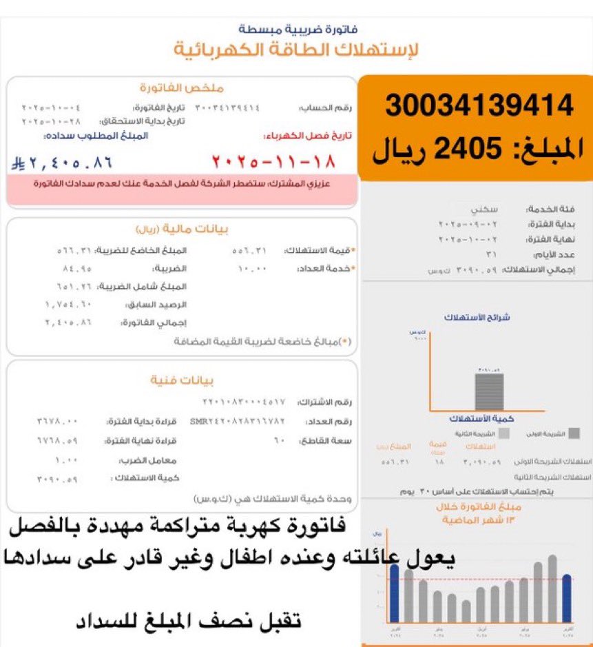 أسأل الله تعالى لكل من ساعدنا أن يحرم وجهه ووالديه عن النار وأن يجعله شاهد له يوم القيامه 

فاتورة كهرباء سكنية متراكمة مهددة بالفصل

🛑رقم الحساب:30034139414
🛑المبلغ:2405 ريال

تقبل نصف المبلغ للسداد