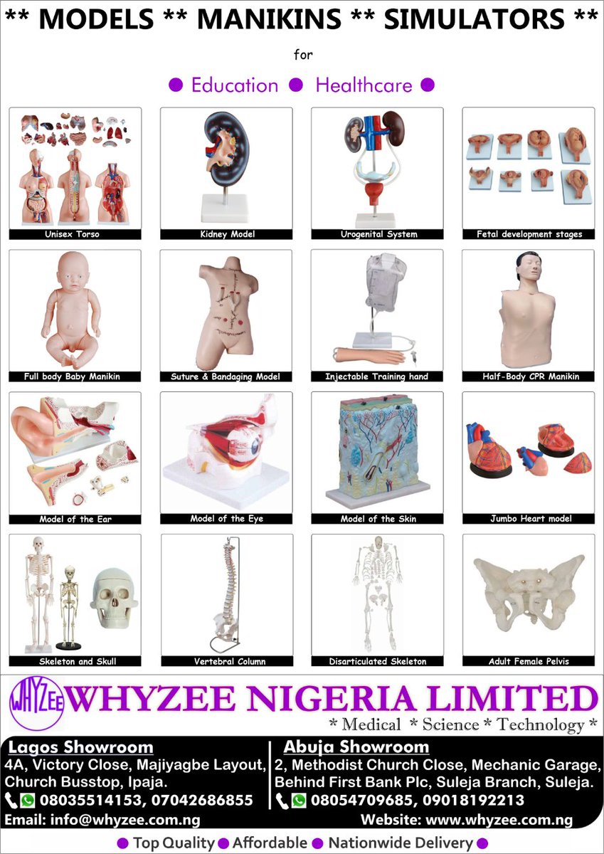 Whyzeenigeria's tweet image. Healthcare Training Solutions!
Get top-quality Models, Manikins, &amp;amp; Simulators for healthcare training! Improve skills with realistic practice. Contact us: info@whyzee.com.ng, 08035514153 or 07042686855. Nationwide delivery! 
#MedicalModels #HealthcareTraining #Simulation #Nigeria
