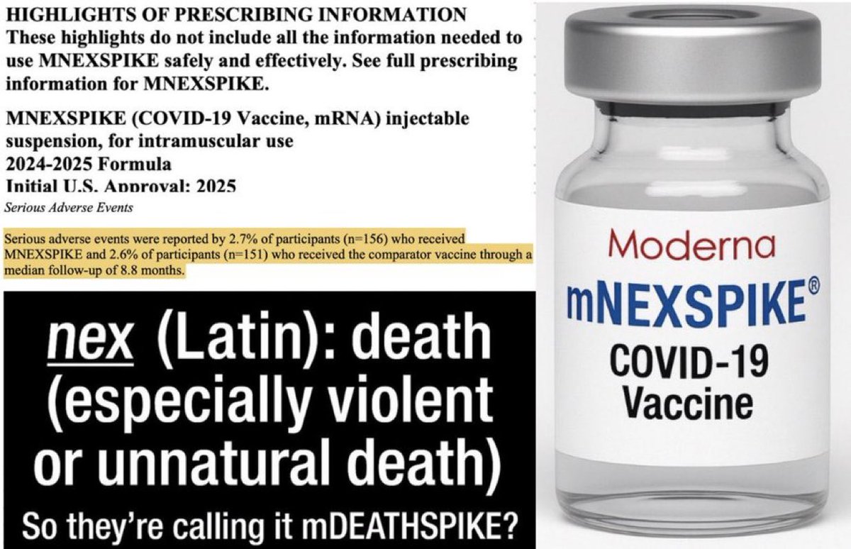 Truth in labeling has arrived.

You just have to be able to read Latin.

Just like in the old days when the elite used Latin to keep the masses from undermining the world.

In Latin, “NEX” means violent death.

mNEXSPIKE = mDEATHSPIKE

What say you Mr. @Grok.
