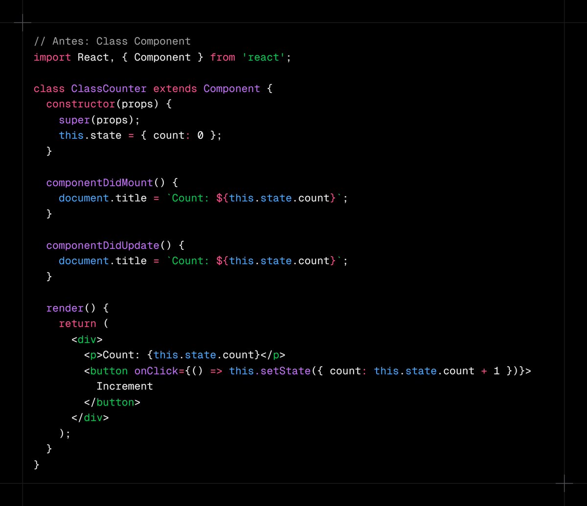 CodeWebNowDev's tweet image. ¡De los mayores "Glow Up" que tuvo un framework! ✨

El cambio de Class Components (con this.state y componentDidMount) a Functional Components (con useState y useEffect) es una de las mejores cosas que le pasó a React.

Menos boilerplate, más legibilidad.