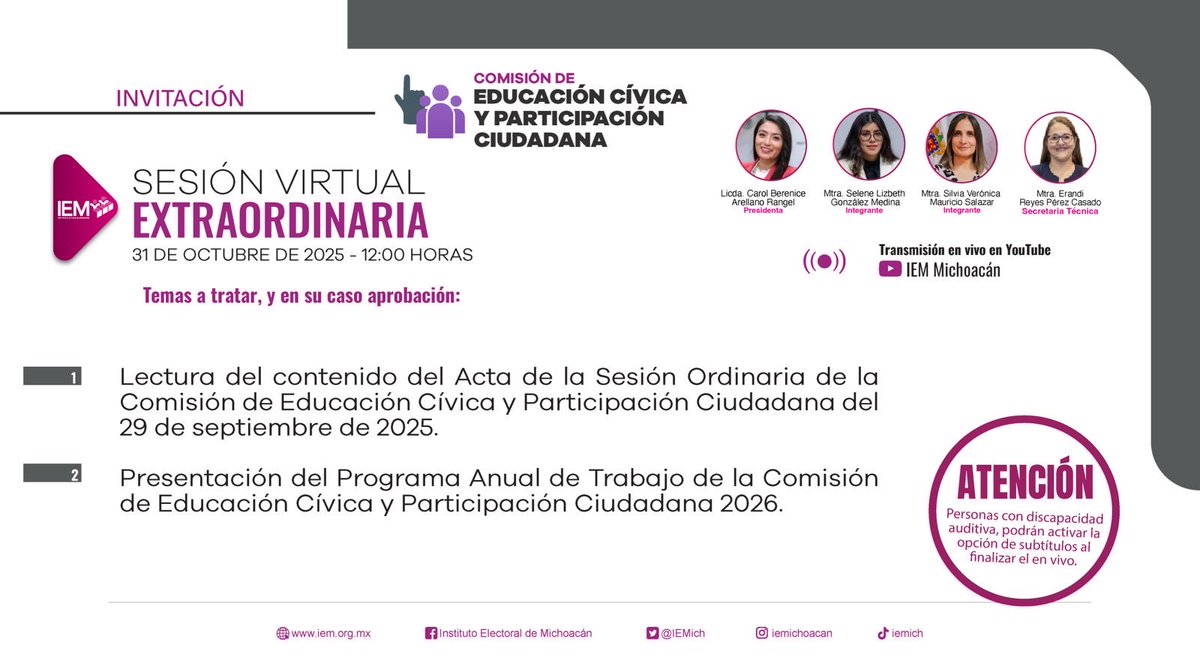 Sesión Extraordinaria de la Comisión de Educación Cívica y Participación Ciudadana. 🙋🏻‍♀️🙋🏻‍♂️ 

🗓️ 31 de Octubre de 2025. 
⏰ 12:00 horas. 

#SesiónVirtual