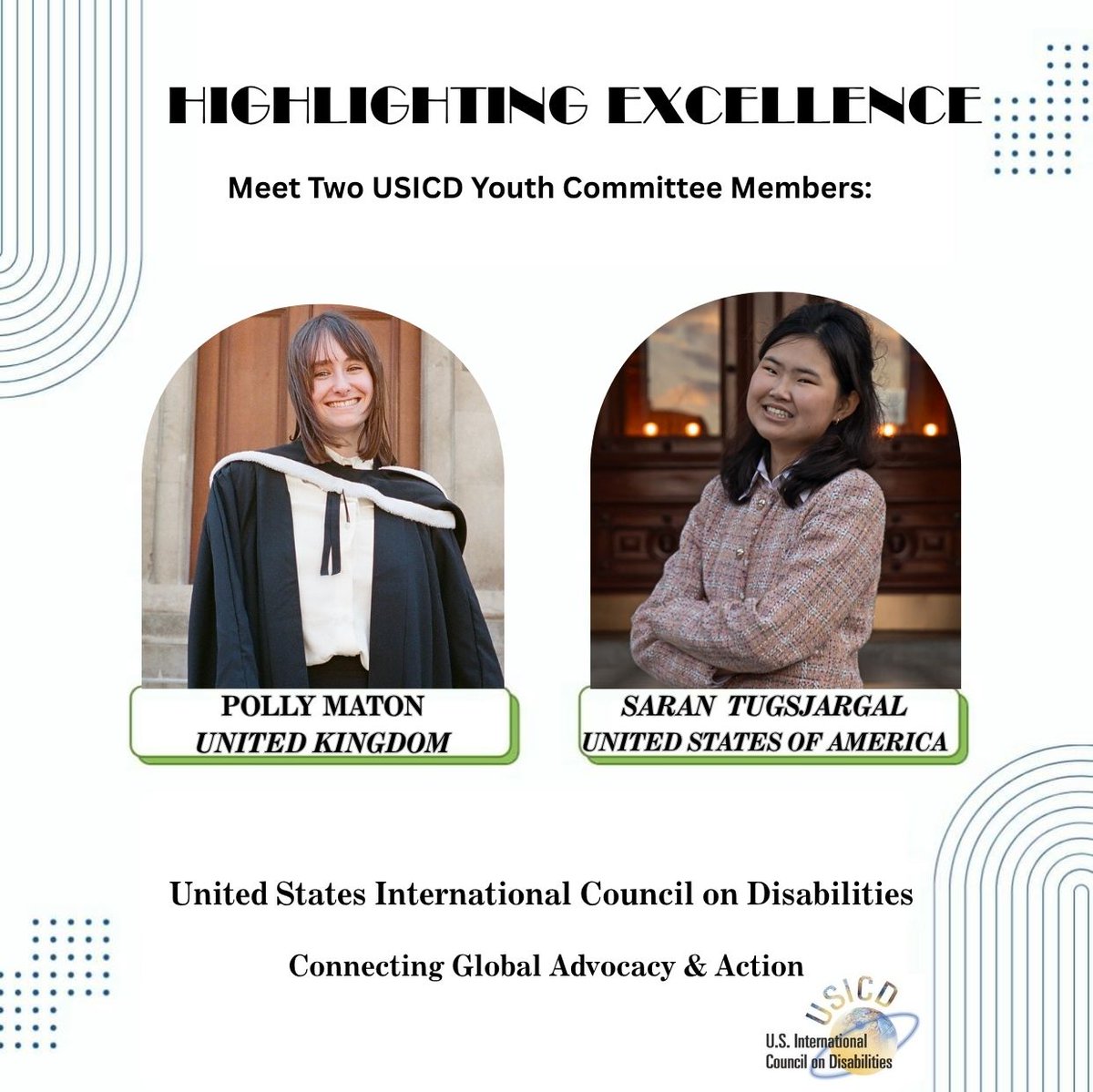 Meet Polly Maton 🇬🇧 &amp; Saran Tugsjargal 🇺🇸 — two dynamic members of <a href="/USICD/">USICD</a>’s Youth Advisory Committee! They’re driving global disability advocacy with brilliance, resilience, and heart. <a href="/EOCIL/">EOCIL</a> 
#USICDYouth #IDPD2025 #DisabilityInclusion #YouthLeadership #GlobalAdvocacy

Donate to