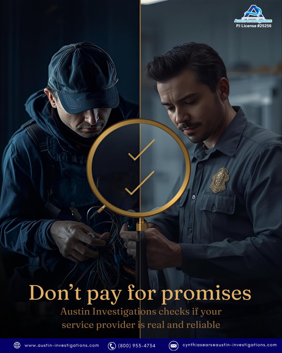 cynthiasears59's tweet image. Don’t pay for promises. Austin Investigations checks if your service provider is real and reliable.
#ConsumerProtection #AustinInvestigations #ServiceCheck #HireSafely