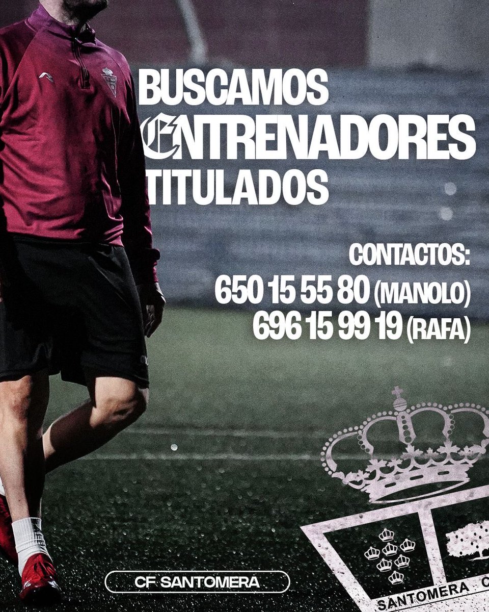 🔍 ¡BUSCAMOS ENTRENADORES TITULADOS! 

🫡 Si estás interesado no dudes en contactar con nosotros. 

🍋 Únete al #CFSantomera 👇👇