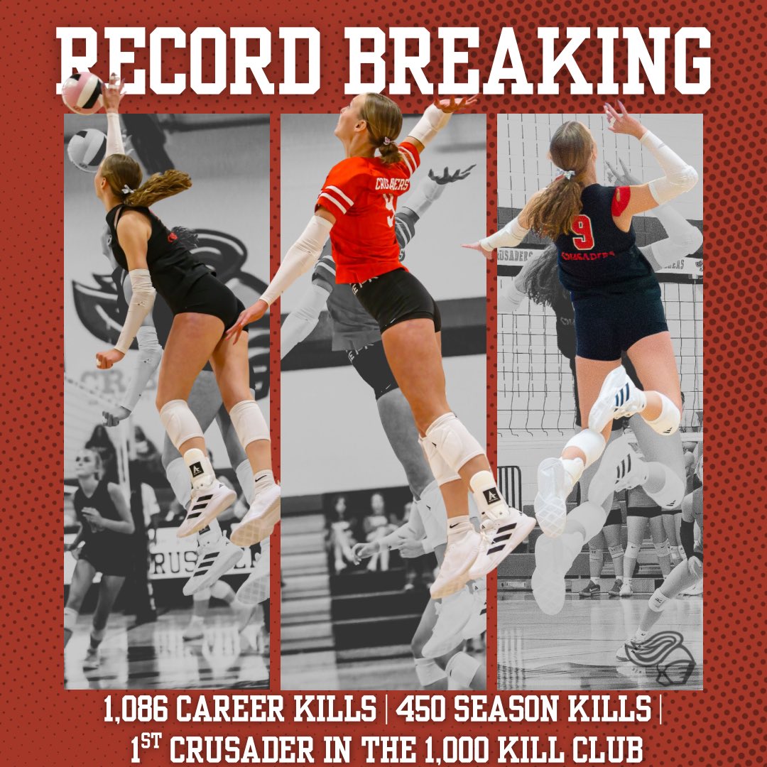 Record Breaking.

With 1,086 career kills, Malia Clayburg has officially broken the career kills record set by Katie Dentlinger (948 kills) - becoming the FIRST Crusader in program history to reach the 1,000 kill club!

She also shattered the single season kills record w/ 450!