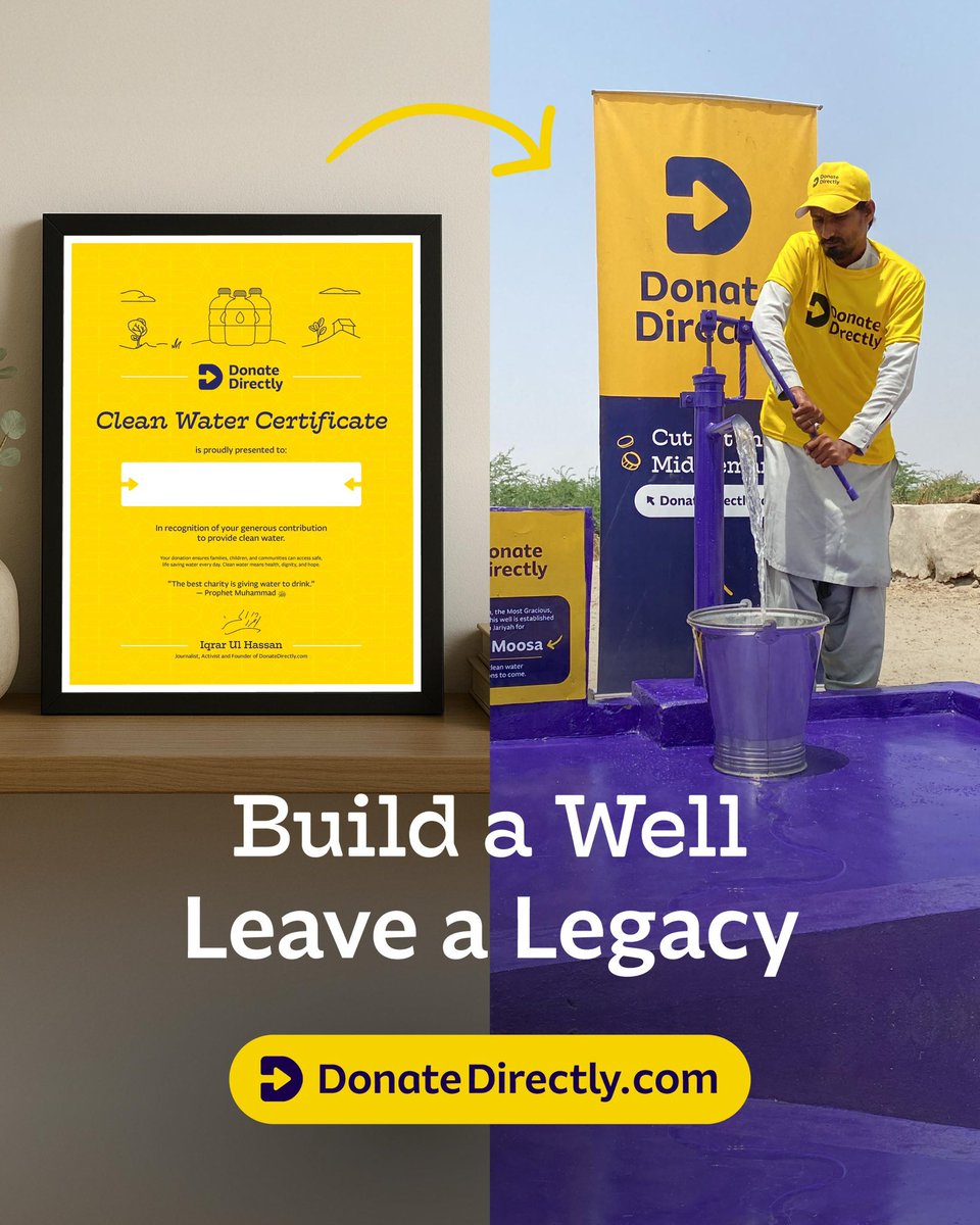 Donate_Directly's tweet image. Personalised Sadaqah Jariyah Certificate 💧

Get a certificate with your name, or that of a loved one — and see the water well you funded come to life. 

Video proof. GPS location. Real people helped.

👉 shop.donatedirectly.com/products/water…