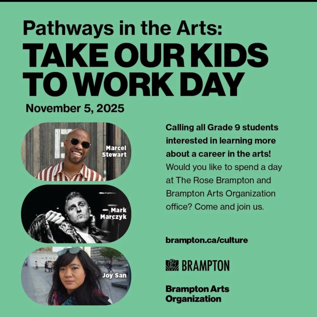 medeiros_martin's tweet photo. Do you know a student interested in a career in the arts? 🎨🎭 

Pathways in the Arts: Take Our Kids to Work Day is a free full-day event for grade 9 students in #Brampton to: 

🎭 Tour The Rose Theatre and Brampton Arts Organization 
🗣️ Attend a keynote talk by actor and director Marcel Stewart
✨ Participate in a performing arts workshop with Mark Marczyk 
✏️ Create art with illustrator and cartoonist Joy San 

Learn more 🔗: https://t.co/zCjhPuVwbf