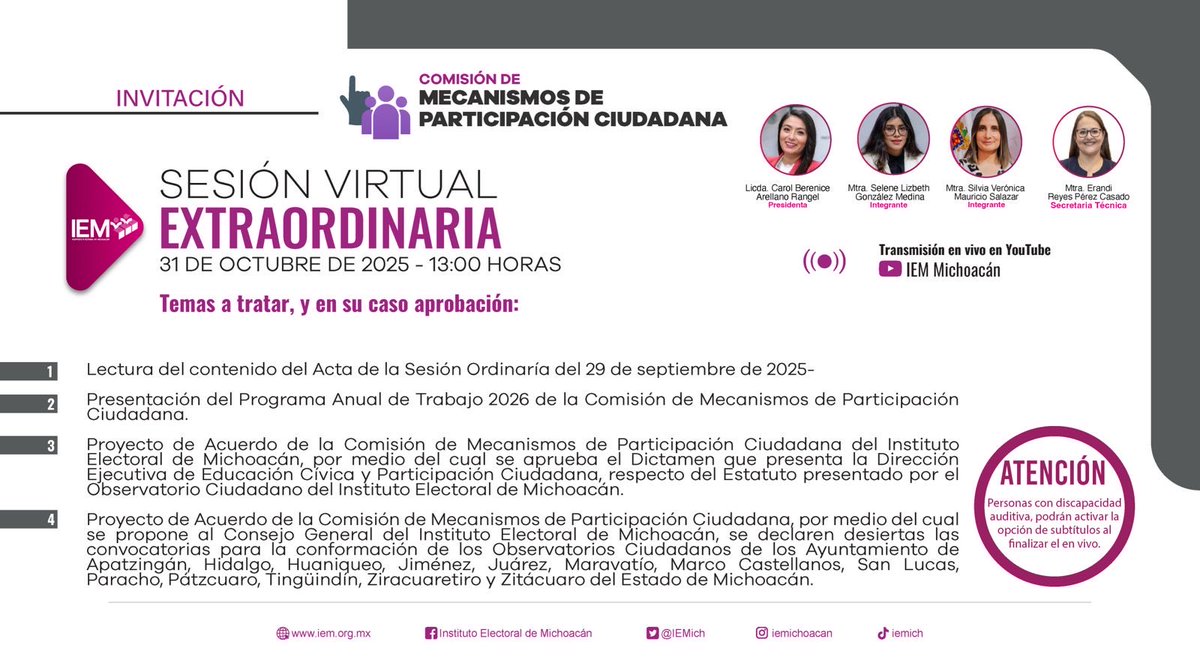 Sesión Extraordinaria Urgente de la Comisión de Mecanismos de Participación Ciudadana. 🙋🏻‍♀️🙋🏻‍♂️ 

🗓️ 31 de Octubre de 2025. 
⏰ 13:00 horas. 

#SesiónVirtual