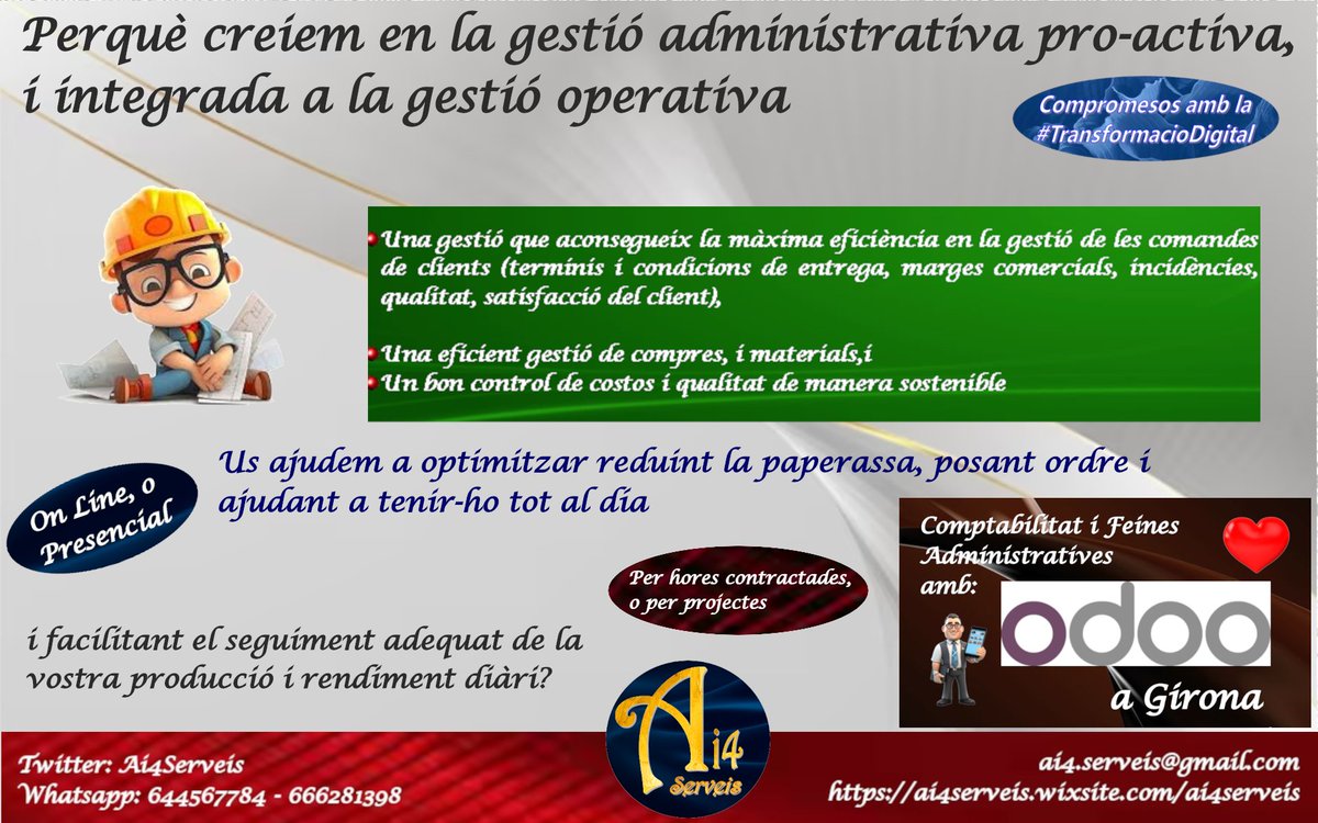 Ai4Serveis's tweet image. Sovint contractar per preu (barat), acaba sortint car.
A #SolucionsAi4 podem ajudar-vos a tenir una gestió administrativa eficient amb costos raonables especialment perquè som proactius i generadors de valor. #FeinesAdministrativesADemanda
#Optimitzacio #OperadorsOdoo