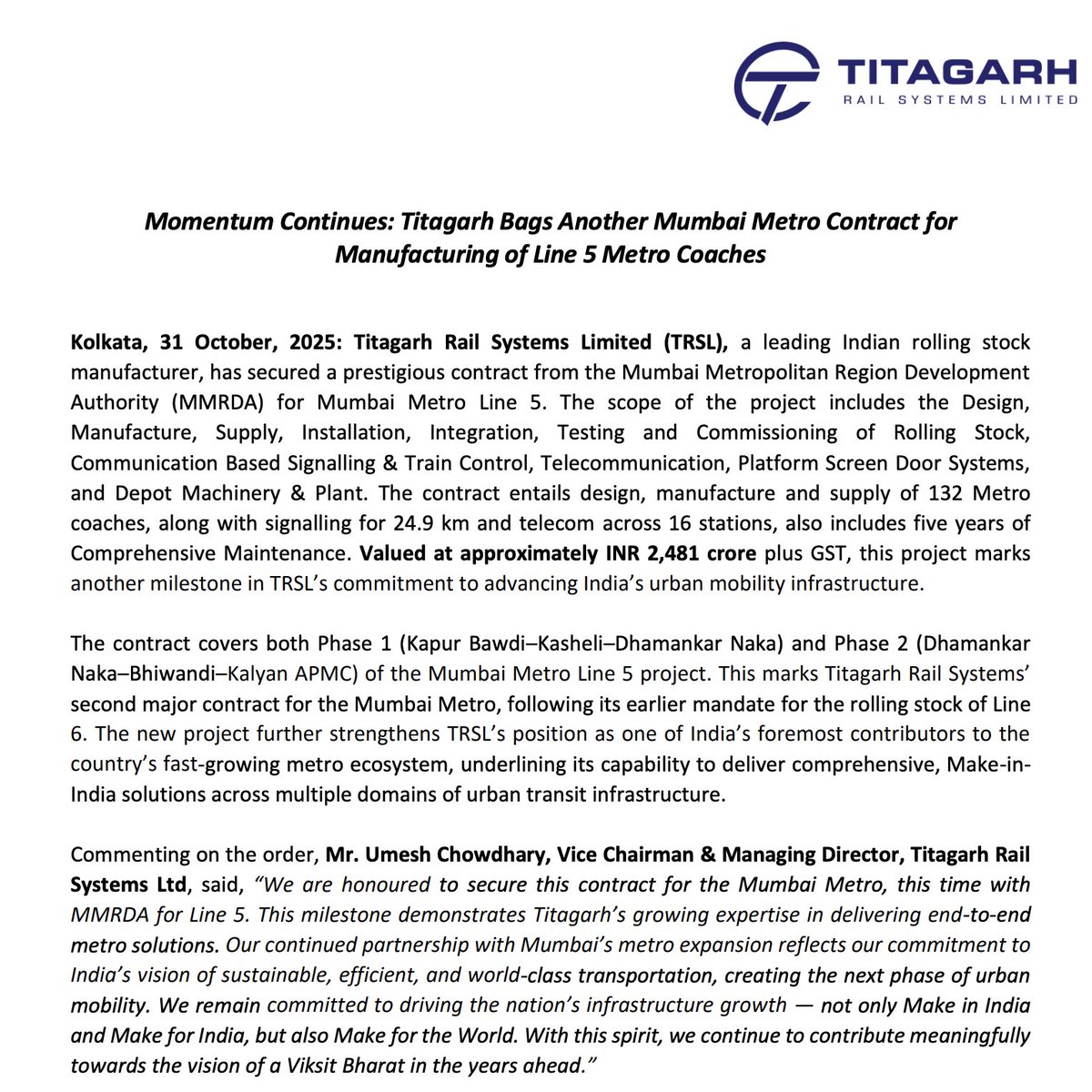 amitabhvatsya's tweet image. This mega win underscores our second thesis—one of the key reasons we’ve held #TitagarhRail since Rs 103 in April 2022.

The Metro story is unfolding just as expected. Stay tuned for deeper insights and what this means for the stock ahead. youtube.com/watch?v=ih-Jcd…

#Titagarh2.0…