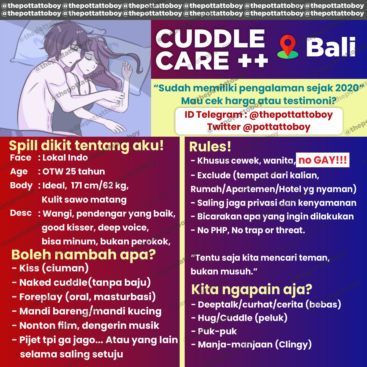 thepottattoboy's tweet photo. Masih Open Cuddlecare/Lovecare🫂🤗 untuk cewek area Bali ya! DM aja atau 💌Telegram id : thepottattoboy

#cuddlebali #cuddlecare #cuddlecarebali #cuddlecarecanggu #cuddlecowok #lovecarebali #brondong #brondongbali #pijatbali #gigolobali #ccbali #bali #canggu #cowokpanggilanbali https://t.co/aSKILh033t