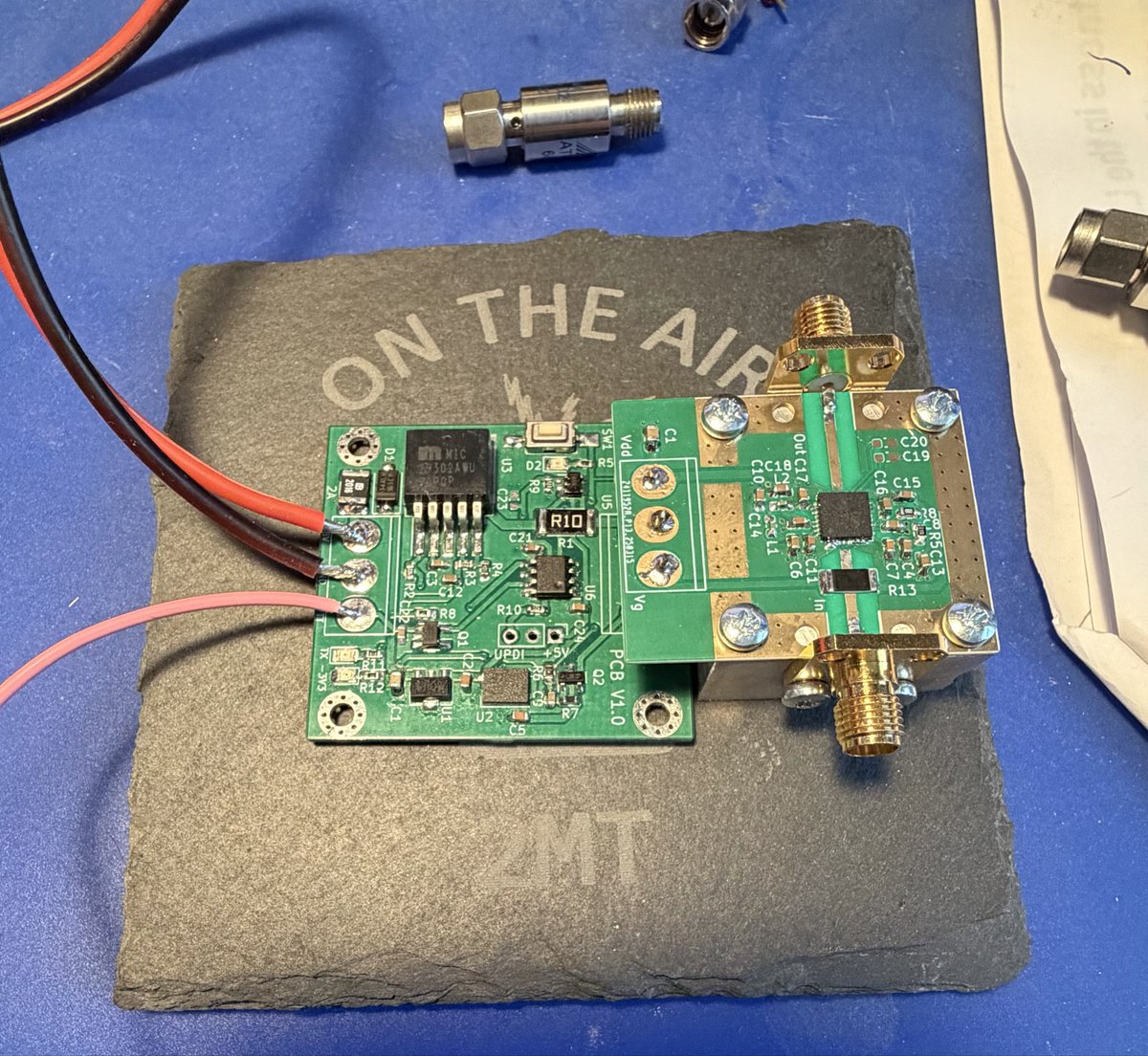 I applied volts to the PA. No magic smoke escaped!  Calibration ran okay. 
A very quick test (with low bias current) indicated it’s giving 22dB gain. These boards have been a real challenge, 0603 parts and QFN devices are at the limit of my soldering capabilities now. #GHz_Bands