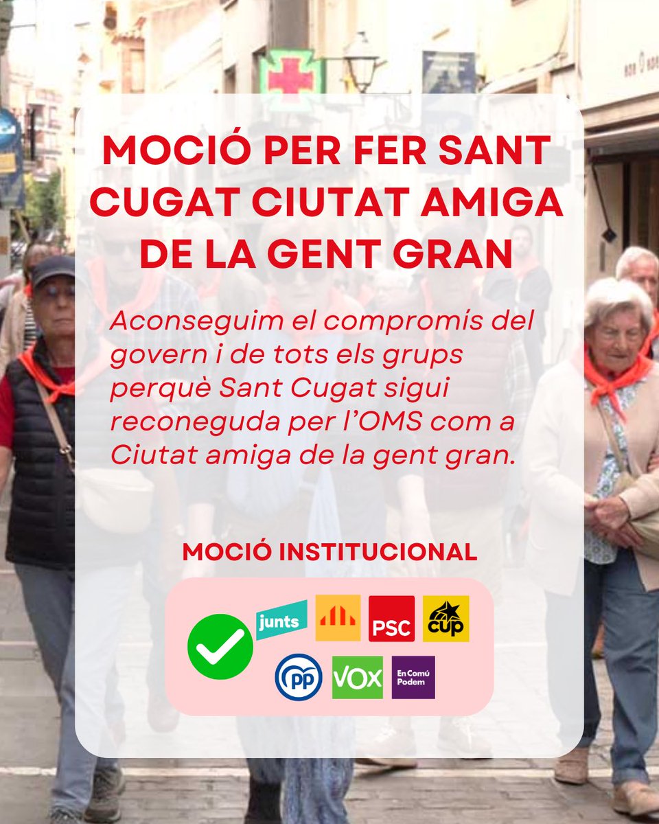 🏫 Hem proposat un pla de xoc d’inversió i manteniment d’equipaments públics.
❌Rebutjat pel govern de JUNTS i ERC, tot i el suport de la resta de grups.
✅Hem aconseguit que Sant Cugat sigui una Ciutat Amiga de la Gent Gran 👵🏻👴🏻