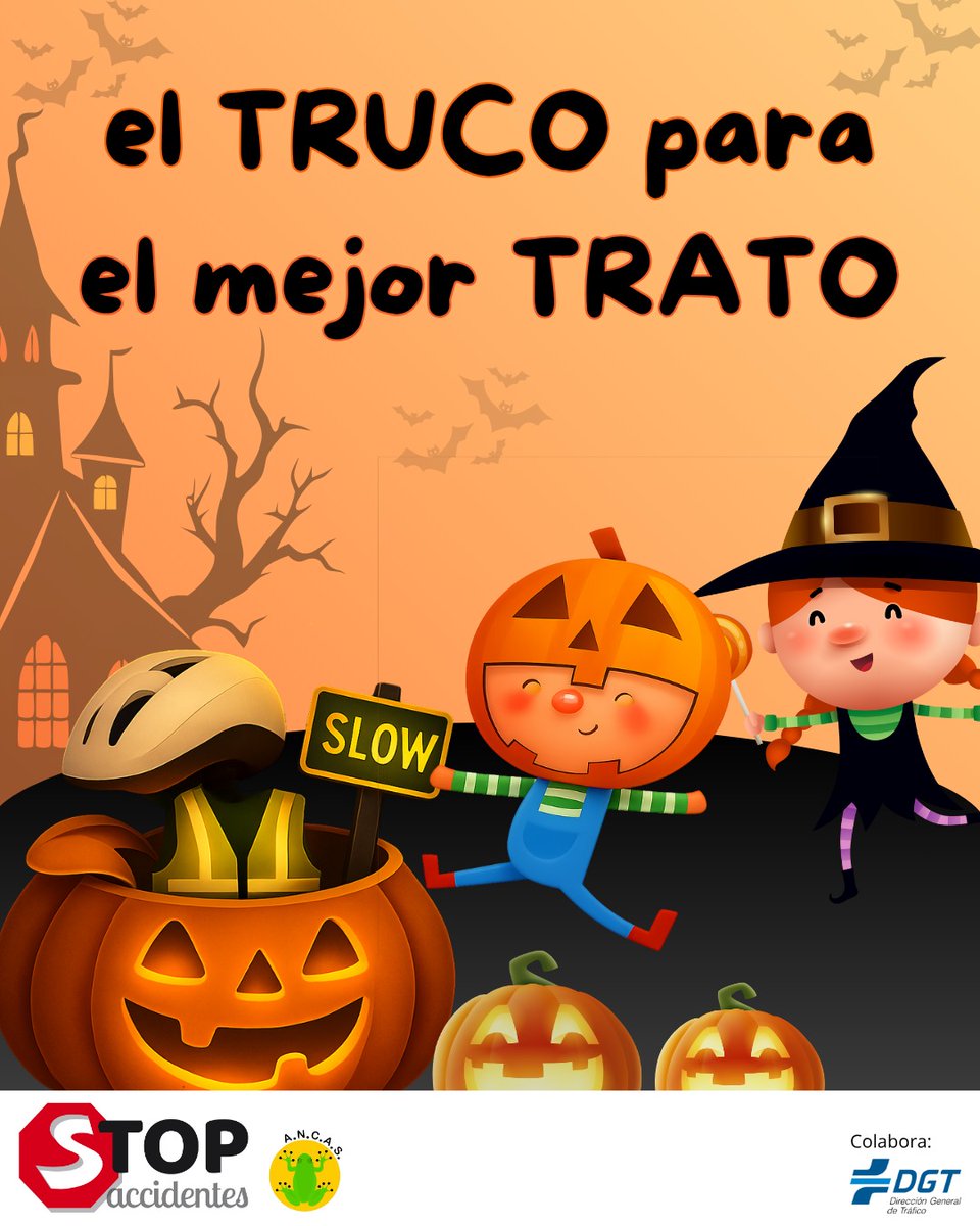 stopaccidentes's tweet image. 🎃 #Halloween trae dulces, sustos y... un gran #Trato.
¡No dejes lo más importante al azar! El #Truco es sencillo, ya sea caminando, en bici o en coche:  cumplir el #Trato de cuidar, respetar y convivir en las carreteras.
Recuerda: el mejor disfraz es la prudencia. @DGTes