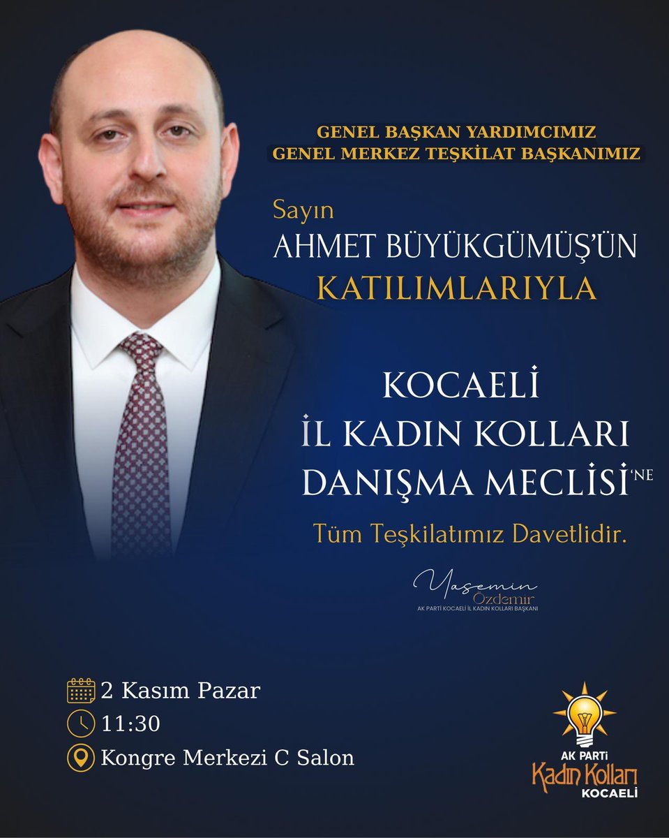 AK Parti Genel Başkan Yardımcımız ve Genel Merkez Teşkilat Başkanımız Sn. <a href="/abuyukgumus/">Ahmet Büyükgümüş</a>’ün teşrifleriyle gerçekleşecek olan Kocaeli İl Kadın Kolları Danışma Meclisine tüm teşkilatımız davetlidir.