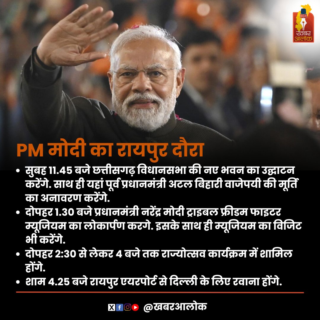 khabaralok's tweet photo. प्रधानमंत्री नरेंद्र मोदी आज रायपुर पहुंचे। उन्होंने श्री सत्य साई संजीवनी अस्पताल और ब्रह्मकुमारी भवन का दौरा किया। पीएम मोदी आज विधानसभा भवन व अटल जी की प्रतिमा का अनावरण भी करेंगे।
#KhabarAlok #PMModiInRaipur #NarendraModi #RaipurVisit #ChhattisgarhVisit #SathyaSaiHospital https://t.co/mXhe7kwVMO